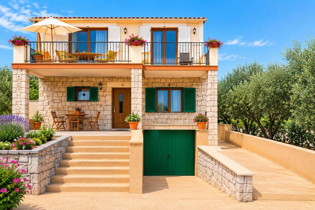 a house with a green door and a balcony at Inter-nautika doo in Jezera