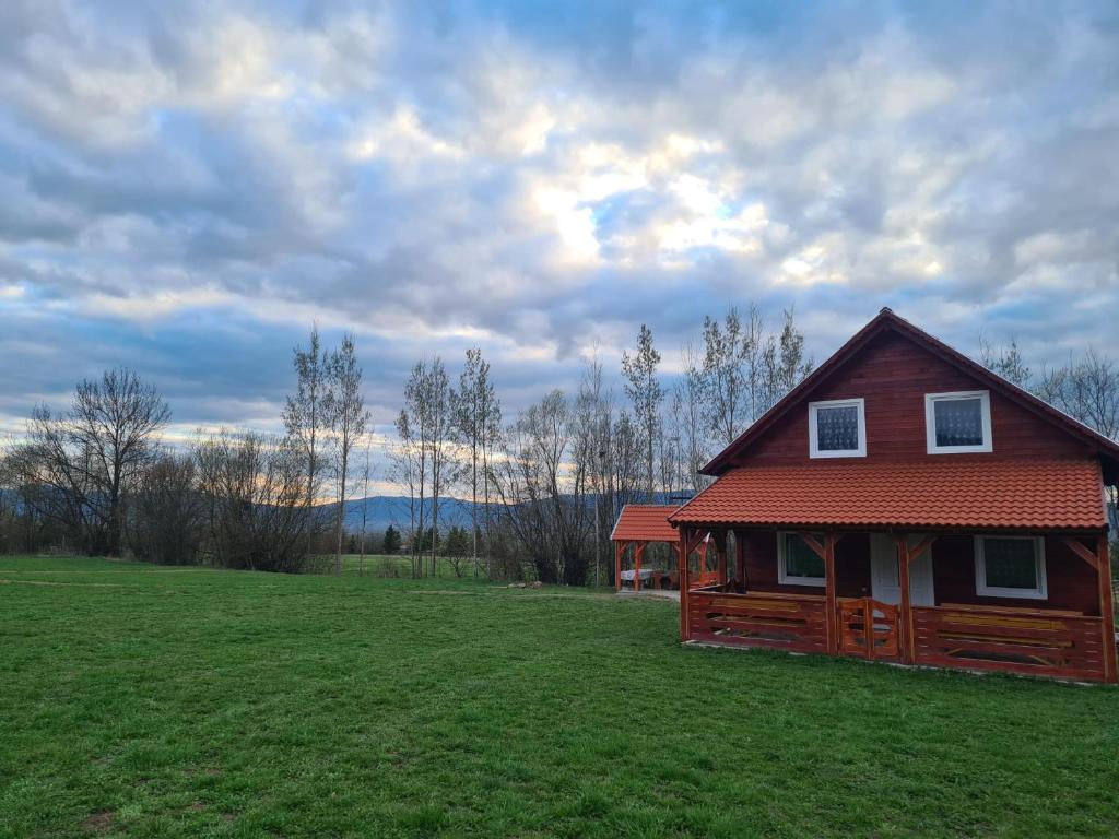 a wooden cabin in a field with a grass field at Erdőszéli vendégház in Ghiduţ