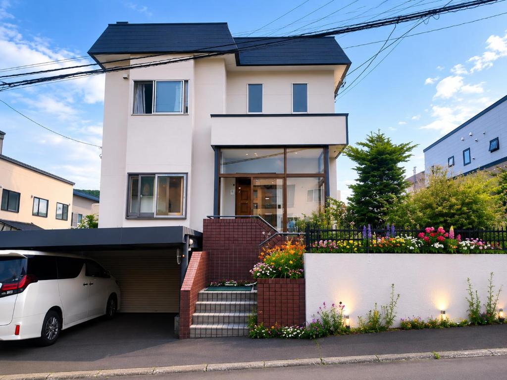 a white car parked in front of a house at Moio Homestay in Sapporo