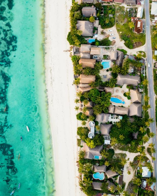 an overhead view of a beach with houses and the ocean at Sea View Lodge Boutique Hotel in Jambiani