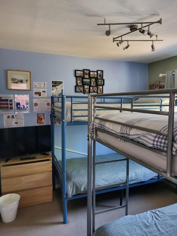 a bedroom with two bunk beds and a flat screen tv at Mudeford Swans in Christchurch