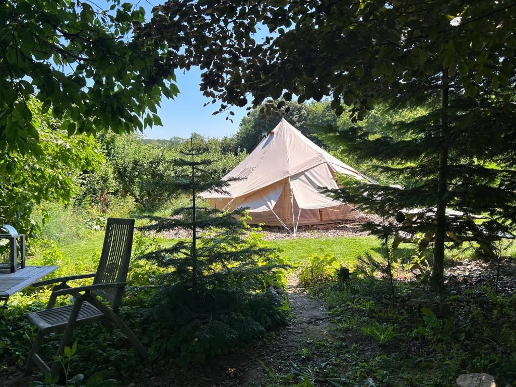 a tent in the middle of a field with trees at Cozy Garden Glamping in Svendborg