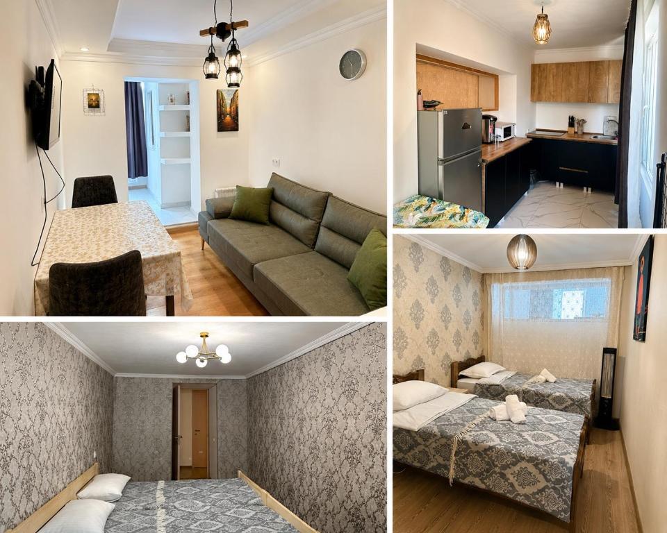 a collage of three pictures of a living room and kitchen at Mestia Central Apartment in Mestia