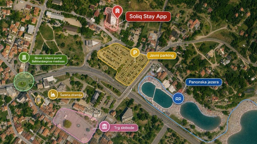 a map of a city with buildings and roads at Soliq Stay App in Tuzla
