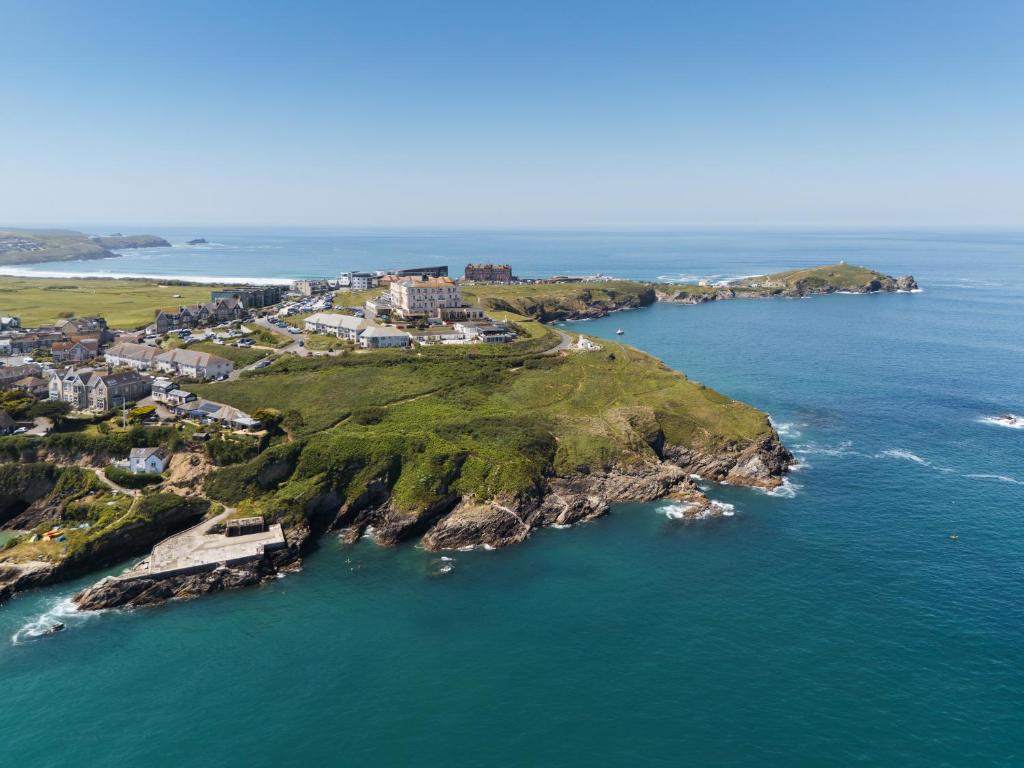 an aerial view of an island in the ocean at Atlantic Hotel Newquay in Newquay