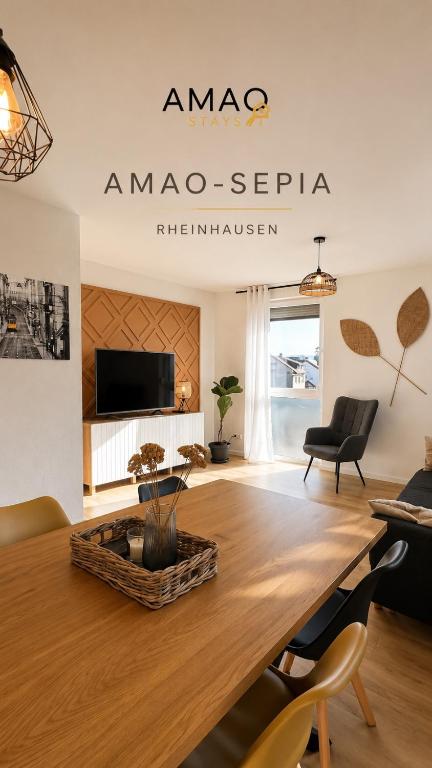 a living room with a large wooden table at AMAO-Sepia - Spacious Family Apartment - 6 Guests - Parking in Rheinhausen