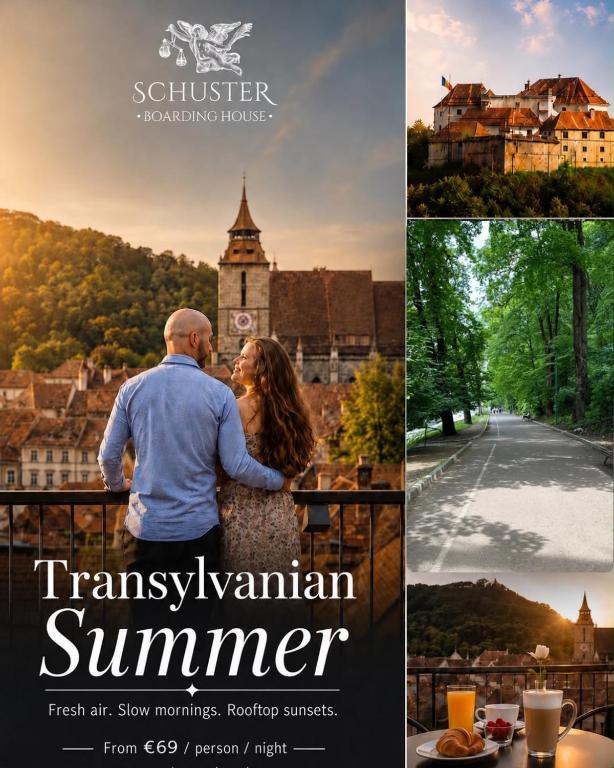 a collage of photos of a man and a woman standing in front at SCHUSTER Boarding House in Braşov