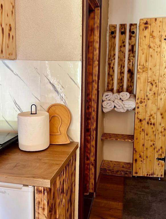 a kitchen with a counter with a roll of paper towels at Mountains story in Bistrica Lipovska