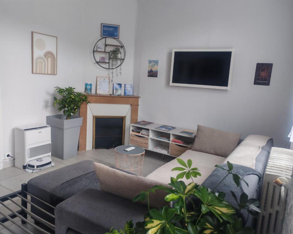 a living room with a couch and a tv at L'Escale Atypique 3 Chambres Clermont-Ferrand, Parking, Jardin in Clermont-Ferrand