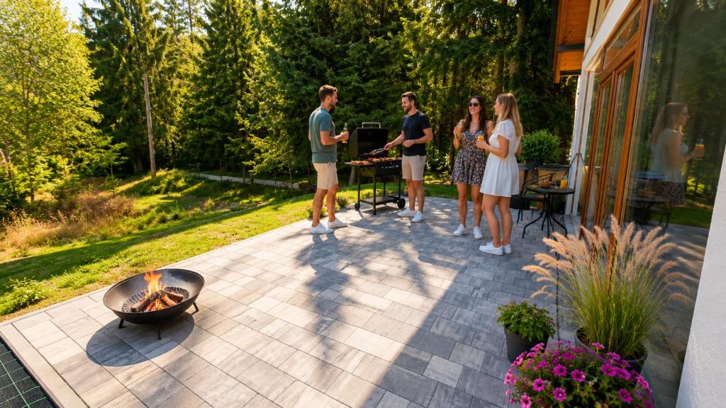 a group of people standing on a patio with a fire pit at Echo Raduni in Stężyca