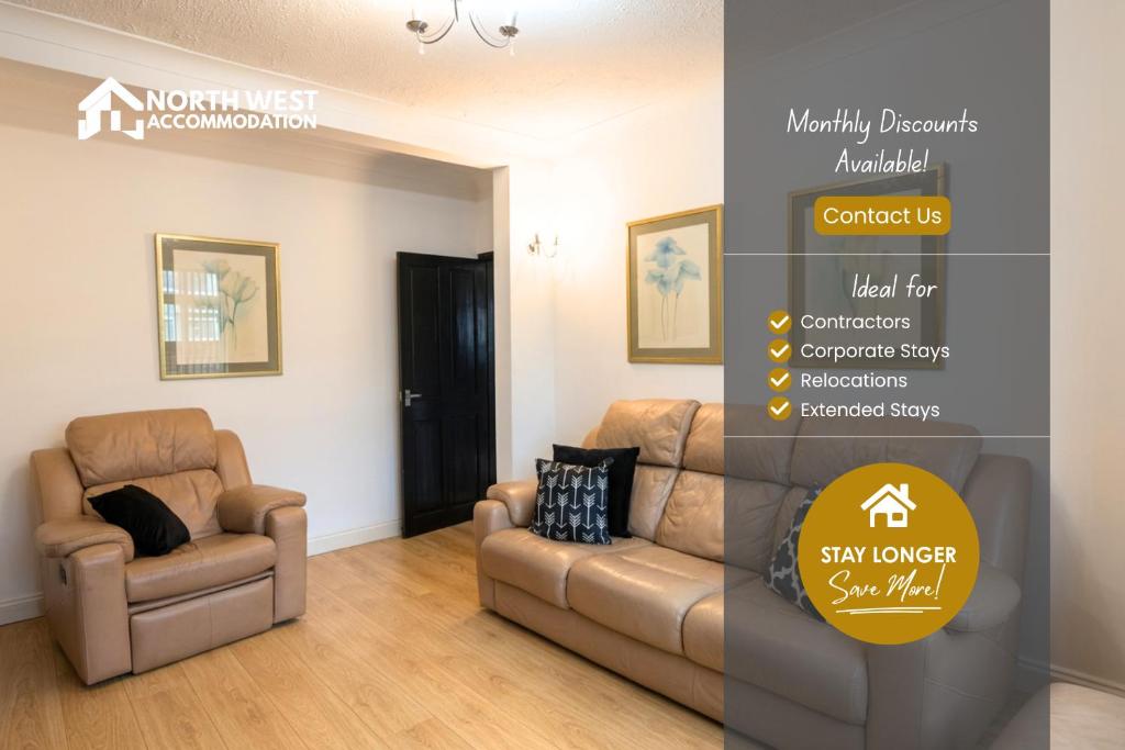 a living room with a couch and a chair at Warrington 3-Bedroom House Near Birchwood & Omega in Warrington