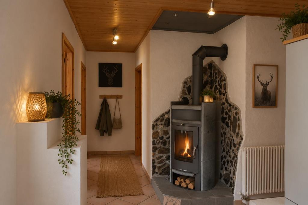 a living room with a fireplace in a room at Chalet Zugspitzblick in Lermoos