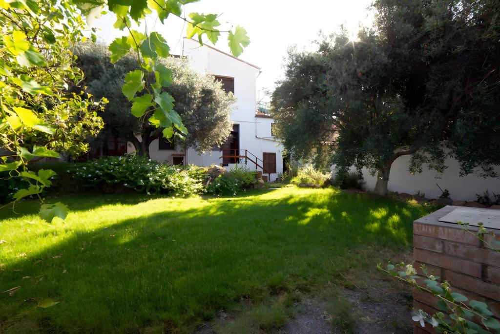 a yard with green grass and trees and a white house at Casa Zolesiop in SantʼAnna Arresi