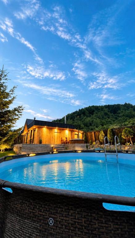 a large swimming pool in front of a building at Mountain villa in Skhidnitsa