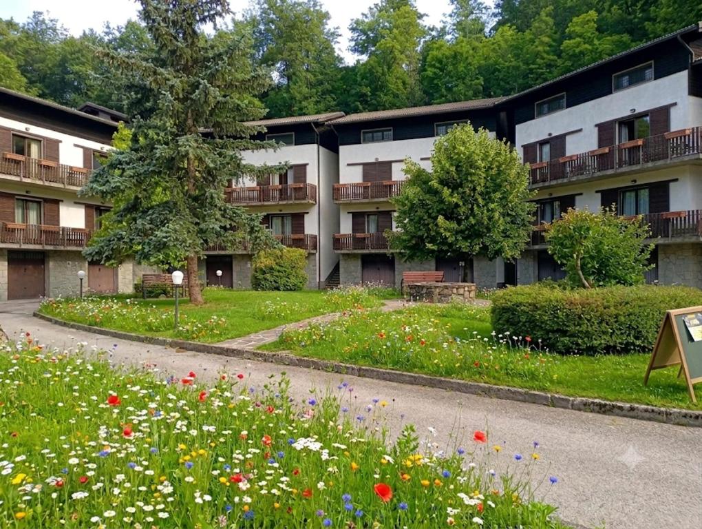 an apartment building with a field of flowers in front of it at Mulinaccio Appartamenti in Pievepelago