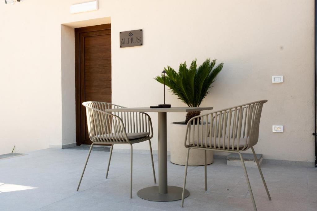 a table with two chairs and a potted plant on it at Alnus in Valentano
