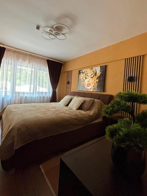 a bedroom with a bed and a ceiling fan at Green Escape in Slănic-Moldova