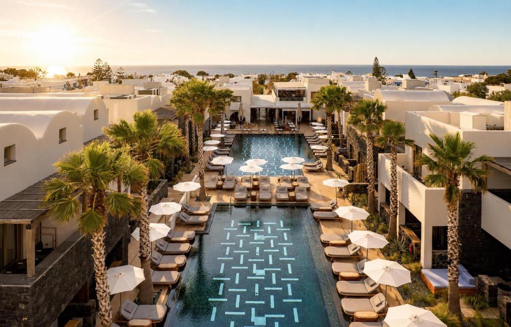 an aerial view of a resort pool with umbrellas and chairs at Radisson Blu Zaffron Resort, Santorini in Kamari