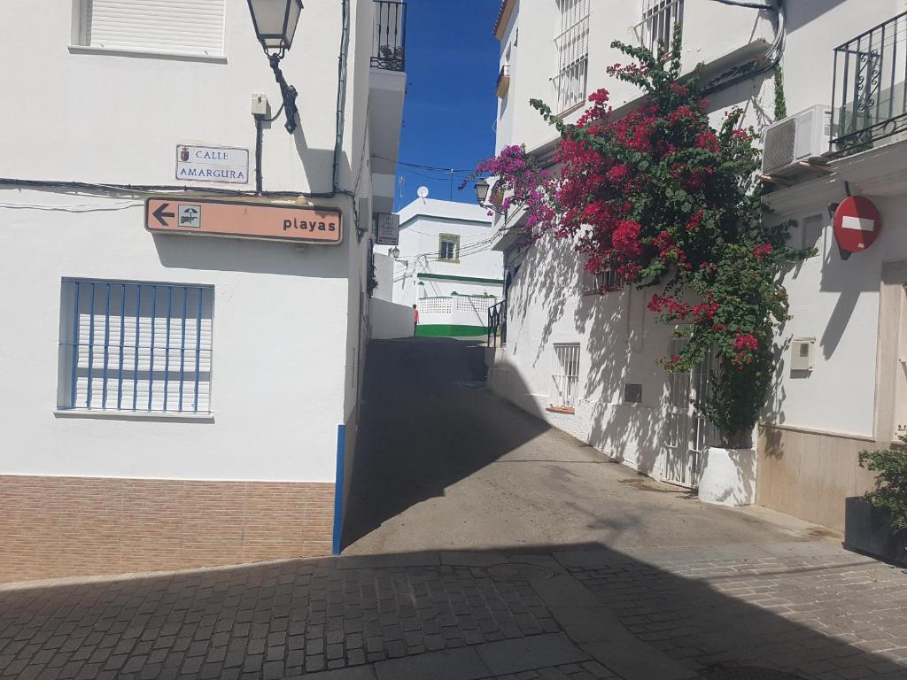 un callejón con flores al lado de un edificio en Casa Salmonete 8, en Conil de la Frontera