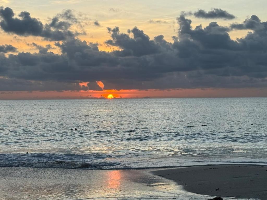 Ein Sonnenuntergang am Strand, die Sonne versinkt am Horizont. in der Unterkunft Sunset Cove in Jolly Harbour