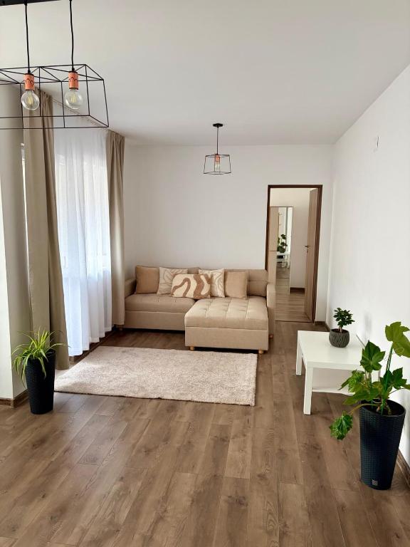 a living room with a couch and a table at 4You in Cristuru Secuiesc