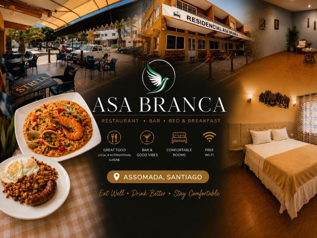 a sign for a restaurant with a plate of food at Pensão Asa Branca in Assomada