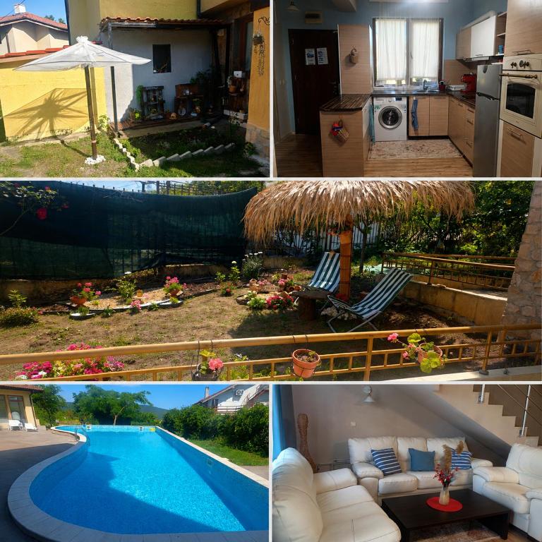 a collage of pictures of a house with a swimming pool at Къща Уют in Rogachevo