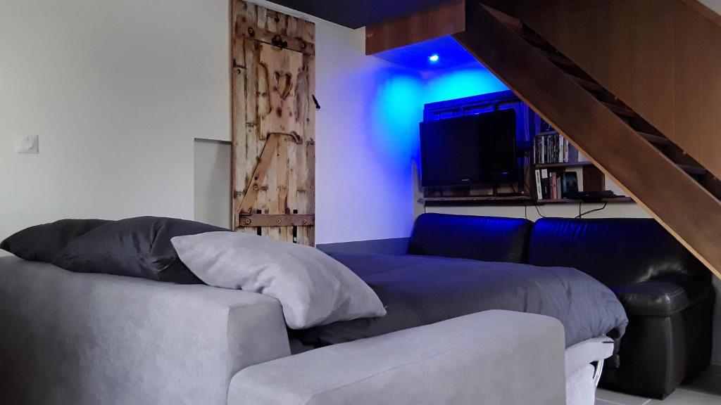 a living room with a couch and a tv at La cascade de Grignon - Appartement - Pizzeria - Parking Vélos - Room Service in Grignon
