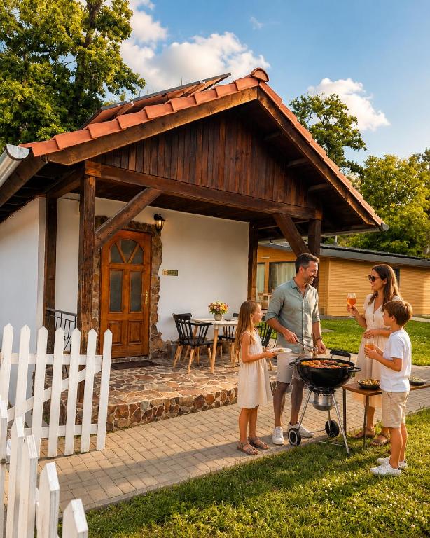 a family standing in front of a barbecue grill at Villa Franca Luxury Chalets in Sighişoara