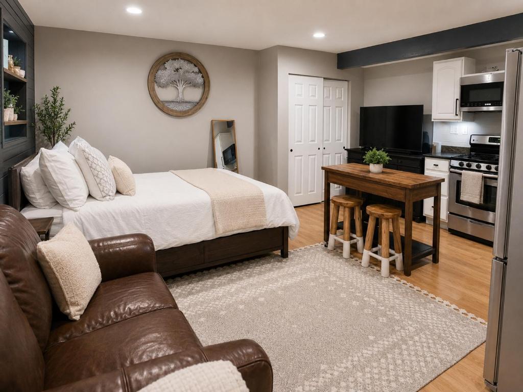 a bedroom with a bed and a couch and a kitchen at Cozy Private Studio in Des Moines