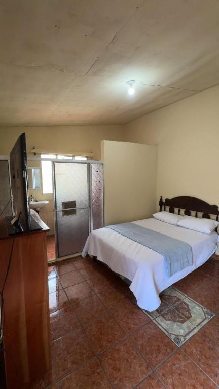 a bedroom with a large bed and a flat screen tv at Accommodation #6 in Copán Ruinas in Copán Ruinas