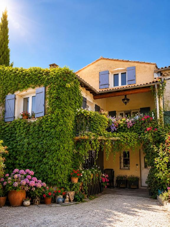 an ivy covered house with flowers and plants at Appartement in Courthézon