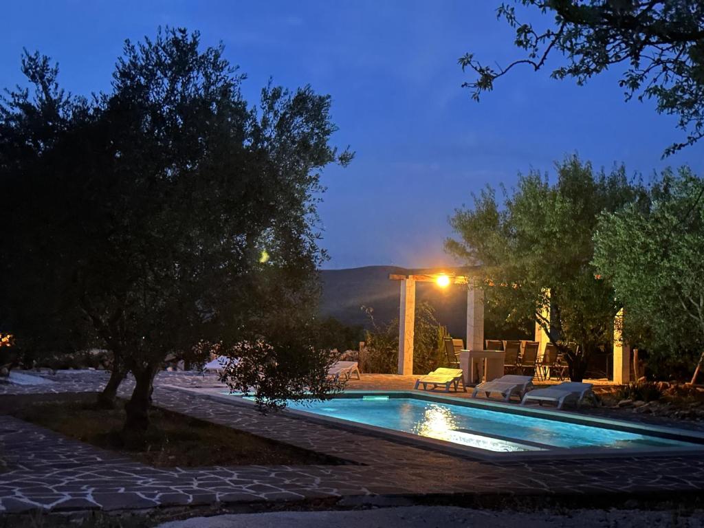 a swimming pool in a yard at night at Villa Natali in Pridraga
