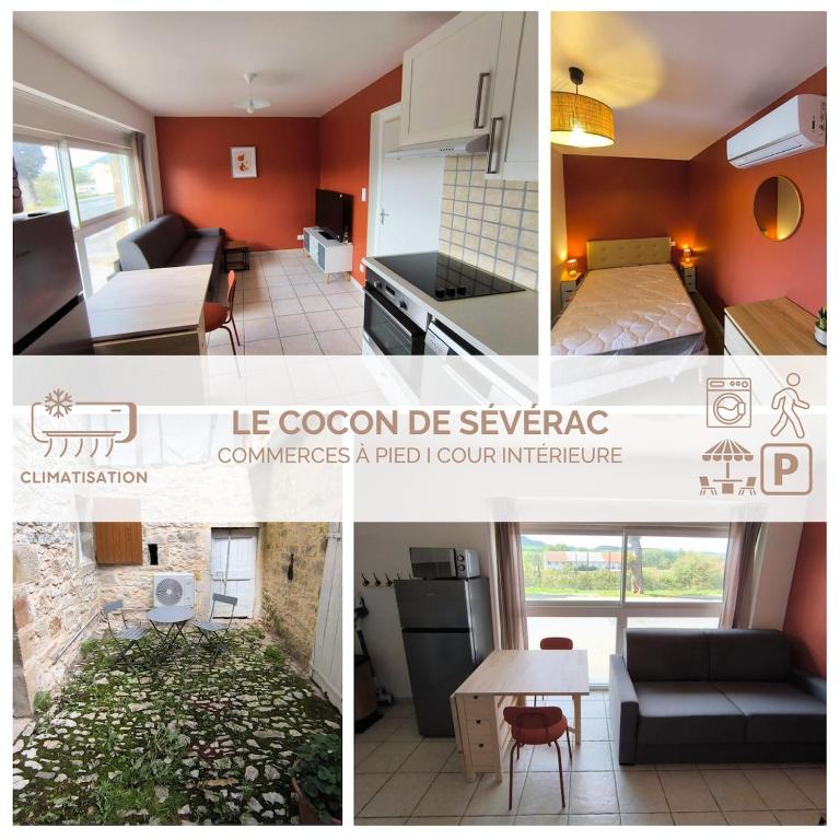 a collage of three pictures of a living room at Le Cocon de Sévérac I Clim & cour intérieure in Sévérac d' Aveyron