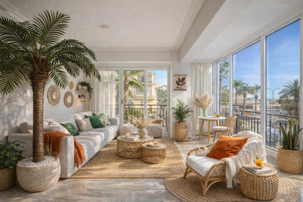 a living room with a couch and a palm tree at Palmeras Puerto Torrevieja in Torrevieja