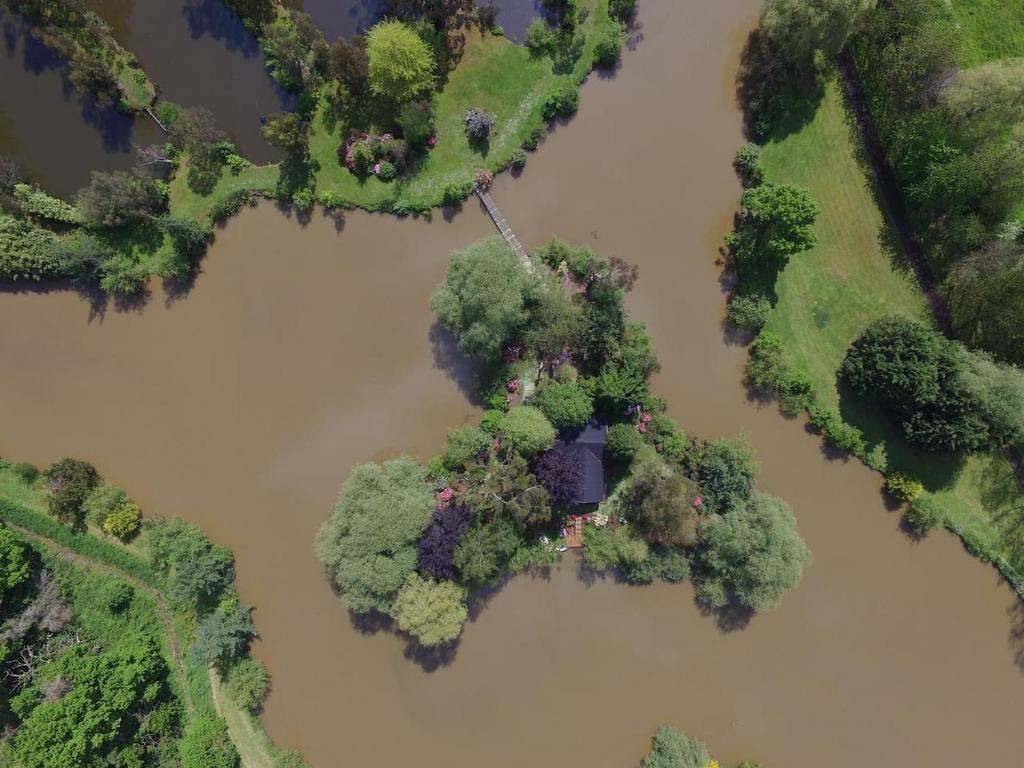 an aerial view of a river with trees at Kingfishers Woody Park in Willand
