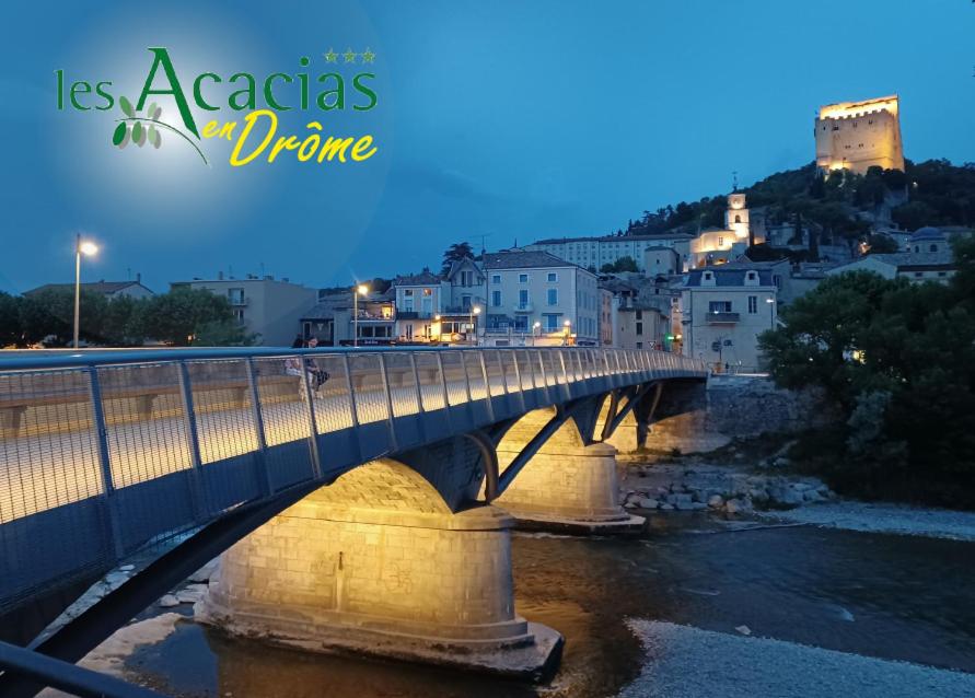 a bridge over a river in a city at night at Les Acacias in Vercheny