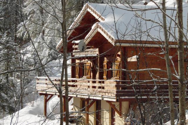 Cabaña de madera con nieve en el techo en Appartement Col de la Faucille, en Mijoux