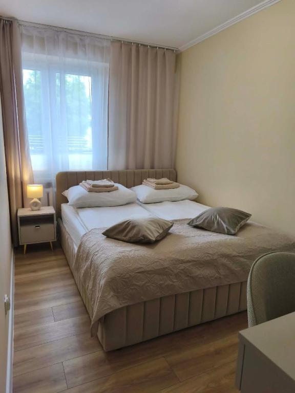 a bedroom with a large bed with a window at Apartament Kaszmirowy in Gorlice