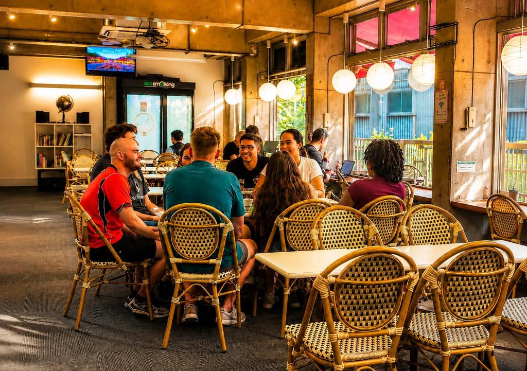 a group of people sitting at tables in a restaurant at Sakura Hostel Asakusa in Tokyo