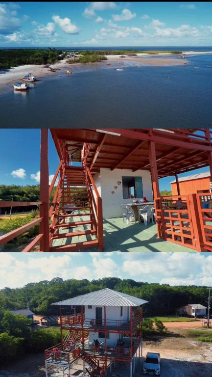 two pictures of a house with a beach and water at Casa sol in Bragança
