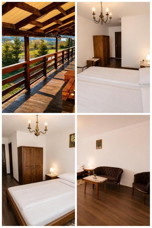 four different views of a room with two beds at Pensiunea Alpin Marisel Self Check-in in Mărişel