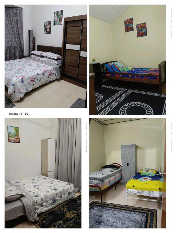 four different pictures of a bedroom with a bed and a table at Rumah Tamu Maryam in Temerloh