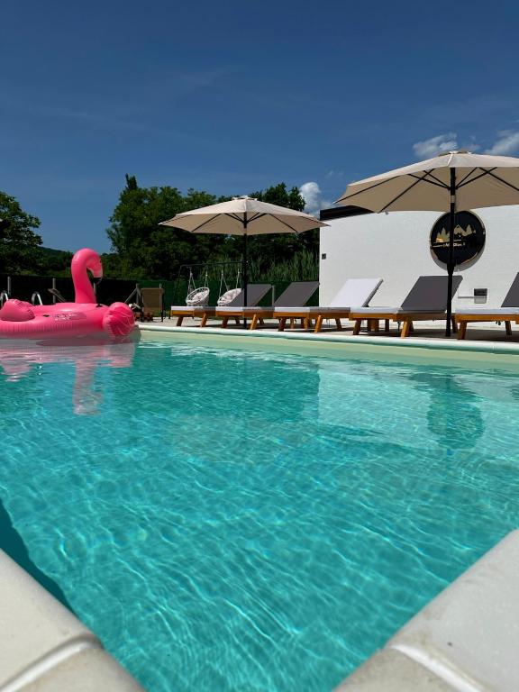 a swimming pool with a pink flamingo in the water at Odmaraliste Paradise14 - Private Villa with Heated Pool & Jacuzzi in Rainci Gornji