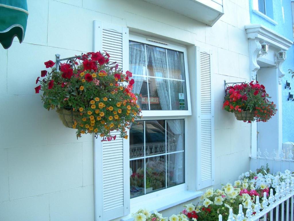 a window with flower boxes on the side of a building at Osnok in Tenby