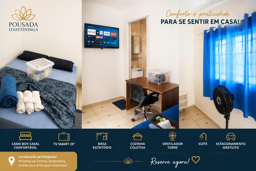 a room with a bed and a desk and a computer at Apartamentos-6-3-8 - Pousada Itapetininga in Itapetininga