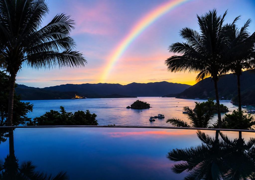 a rainbow over the water with palm trees and a pool at Chads Dive Resort Lembeh in Bitung