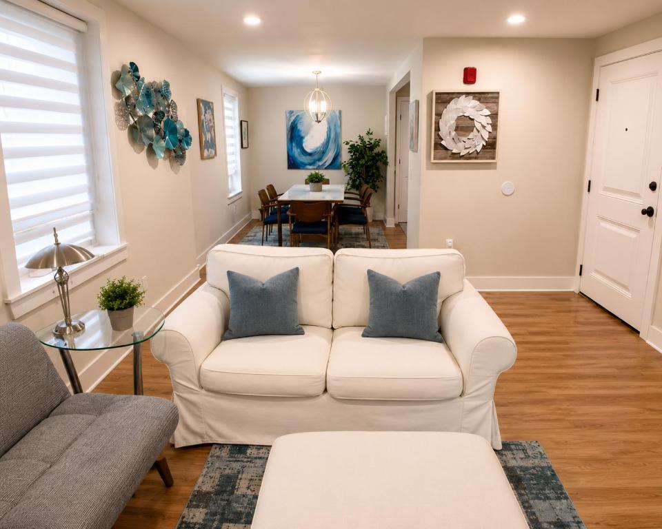 a living room with a white couch and a table at CrazyHart PVD in Providence