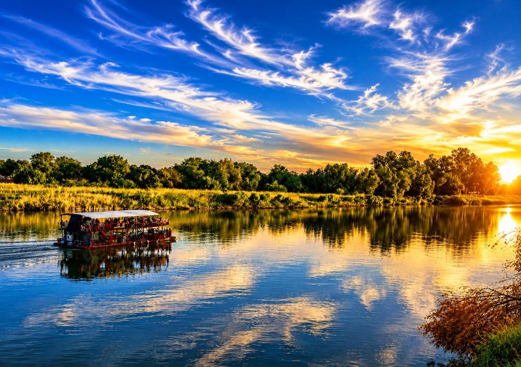a boat on a river with the sun setting at Moonriver Guesthouse in Upington