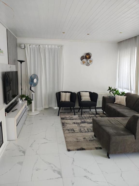 a living room with a couch and chairs and a tv at The nest in Malmedy